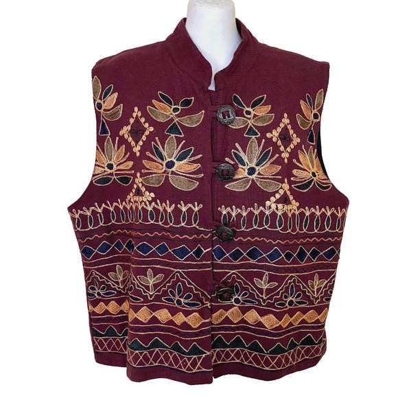 Folk Art Embroidered Burgundy Vest with Metal Concho Buttons Boho Made in India - Picture 7 of 7